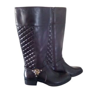Liz Claiborne Black Quilted Knee High Riding Boots Gold Buckle Accents (8.5m)